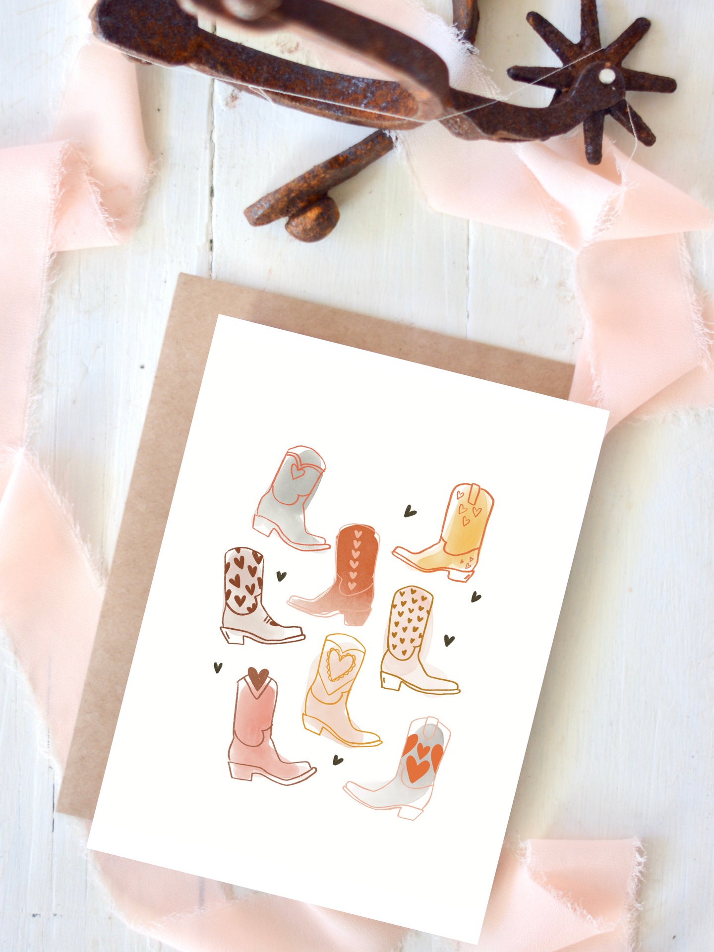 Vintage Cowboy Boots with Hearts Western Single Card